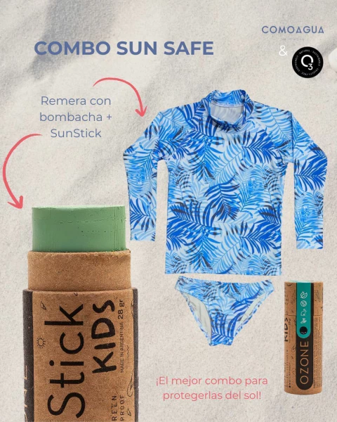 COMBO SUN SAFE - Remera con bombacha | Hojas azules + SunStick en internet