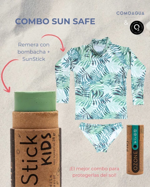 COMBO SUN SAFE - Remera con bombacha | Hojas verdes + SunStick - comprar online