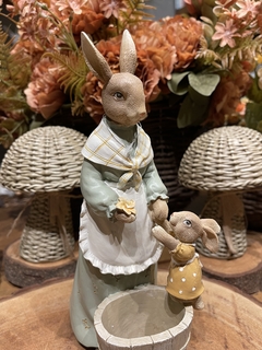 Coelha Mãe e Filha Bege Verde Old Farm - 23cm - Decora Encanta 