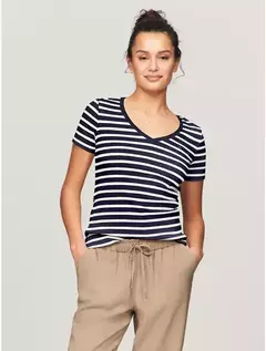 Camiseta Tommy Hilfiger Feminina Listras Azul - Gola V