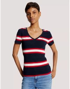 Camiseta Tommy Hilfiger Feminina Azul Listras Gola V