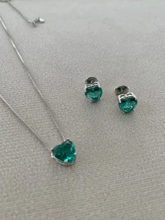 Conjunto Gargantilha + Brinco Coração Zircônia Verde Tiffany - Banhada à Ródio Branco ✻ - comprar online