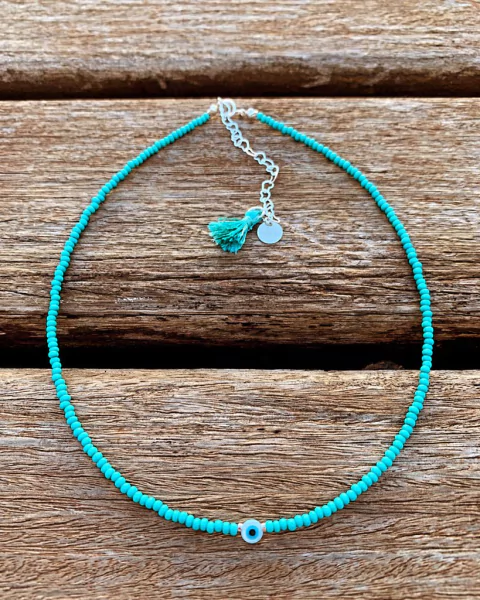 Choker Miçangas c/ Mini Olho Grego Madrepérola - Banhada à Ouro/ Banhada à Prata