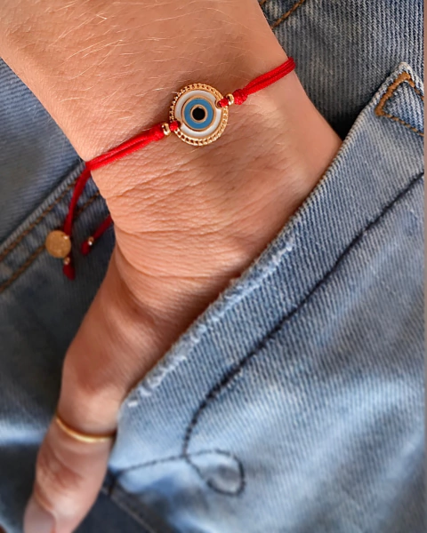 Pulseira Macramê Fio de Algodão c/ Olho Grego 10mm Esmaltado - Banhada à Ouro / Prata 925 ☆