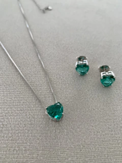 Conjunto Gargantilha + Brinco Coração Zircônia Verde Tiffany - Banhada à Ródio Branco ✻