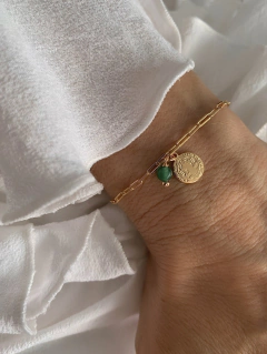 Pulseira Corrente Cadeados Medalha São Bento 8mm Dupla Face c/ Pedra Natural Quartzo Verde - Banhada à Ouro ☼