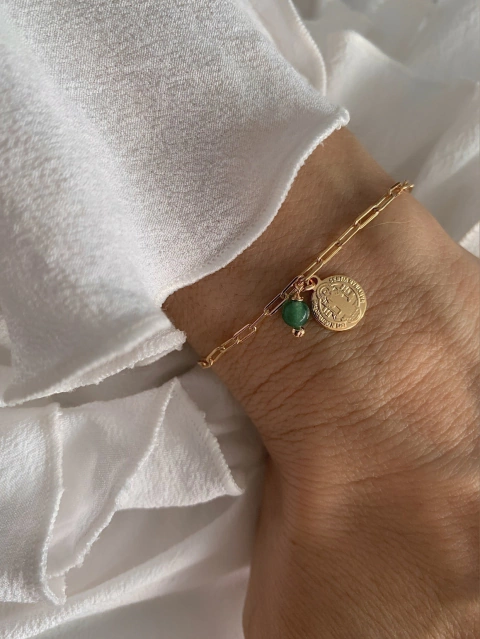 Pulseira Corrente Cadeados Medalha São Bento 8mm Dupla Face c/ Pedra Natural Quartzo Verde - Banhada à Ouro ☼