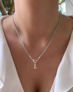 Gargantilha Pedras Naturais Jade Água Marinha c/ Inicial (TEMOS TODAS AS LETRAS DO ALFABETO)