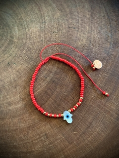 Pulseira Fio Algodão c/ Miçangas Vermelhas, Bolinhas Metal, Olho Grego ou Hamsa em Madrepérola - Banhada à Ouro / Banhada à Prata ⚓︎ na internet