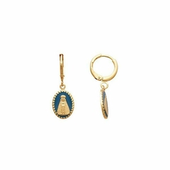 Brinco Argolinha 12mm Medalha Nossa Senhora Aparecida Oval c/ Resina Azul - Banhado à Ouro/ Prata 925 ≋⎈