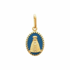 Pingente Medalha Nossa Senhora Aparecida Oval c/ Resina Azul - Banhado à Ouro/ Prata 925 ≋⎈