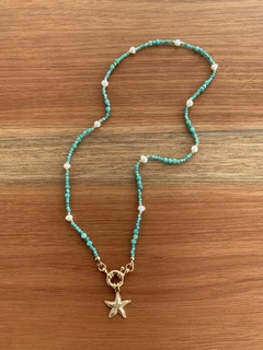 Gargantilha Pedras Naturais Amazonita Verde e Pérolas Água Doce c/ Fecho Bóia e Pingente Estrela do Mar - Banhada à Ouro / Banhada à Prata ⚓︎