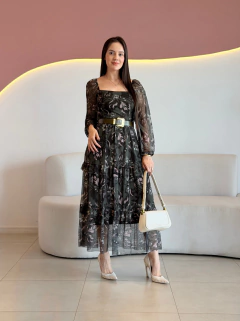 VESTIDO MAX MIDI TULE FLORAL GEOVANA