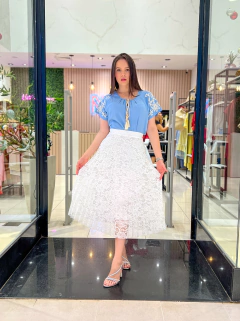 SAIA MIDI PLISSADA RENDA ANGÉLICA