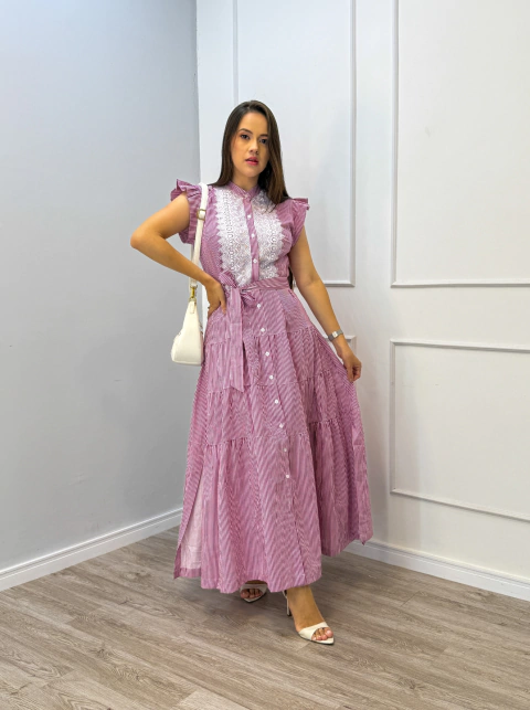 VESTIDO LONGUETE TRICOLINE LISTRADO RENDA na internet