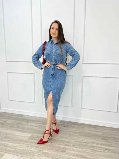 VESTIDO MIDI JEANS MANGA LONGA C/ FENDA na internet