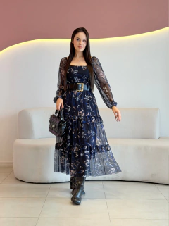 VESTIDO MAX MIDI TULE FLORAL MANGA LONGA NATANE