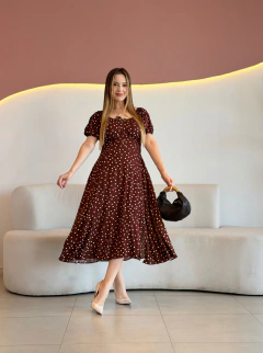 VESTIDO VISCOLINHO MIDI COM FENDA POÁ ELMA