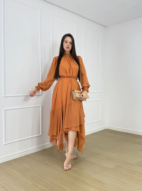 VESTIDO MAX MIDI CHIFFON ASSIMÉTRICO JOSY -  Natália Lourenço Moda Modesta