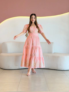 VESTIDO MAX MIDI TRICOLINE BORDADO FLORAL NOEME