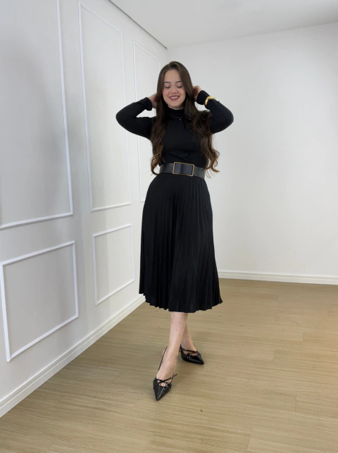 VESTIDO MIDI LÃNZINHA PLISSADO CLARA -  Natália Lourenço Moda Modesta