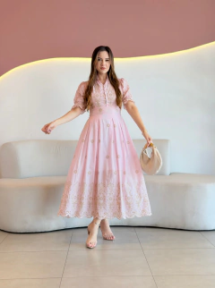 VESTIDO MAX MIDI TRICOLINE BORDADO PAULA