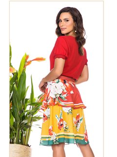 CONJUNTO SAIA LEVE ESTAMPADO BASE CAFÉ