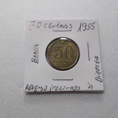 Moeda de 50 Centavos de 1955 Bronze Alumínio Dutra Reverso Inclinado à Direita JL 6