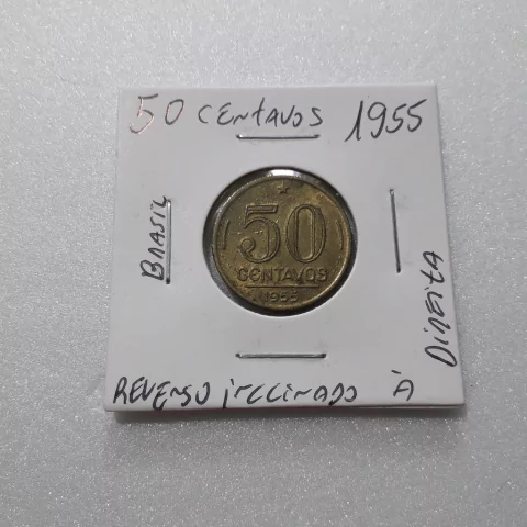 Moeda de 50 Centavos de 1955 Bronze Alumínio Dutra Reverso Inclinado à Direita JL 6