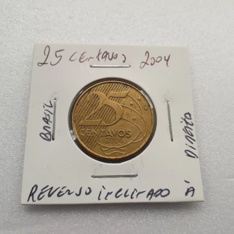 Moeda de 25 Centavos de 2004 Aço Banhado de Bronze Reverso Inclinado à Direita ON 15