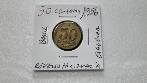 Moeda de 50 Centavos de 1956 Eurico Dutra Bronze Alumínio Reverso Horizontal à Esquerda WR 13