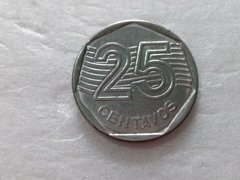 Moeda de 25 Centavos de 1994 Aço Inox com Data Marcada no Reverso Catalogada UV 14