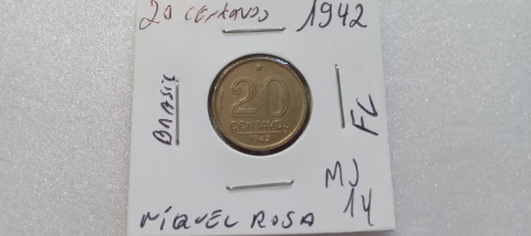 Moeda de 20 Centavos de 1942 Níquel Rosa Flor de Cunho MJ 14