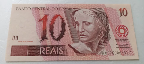 Cédula de 10 Reais de 1999 C 293 1ª Serie B 0076000491 C chancelas de Pedro S. Malan e Armínio Fraga Neto Flor de Estampa