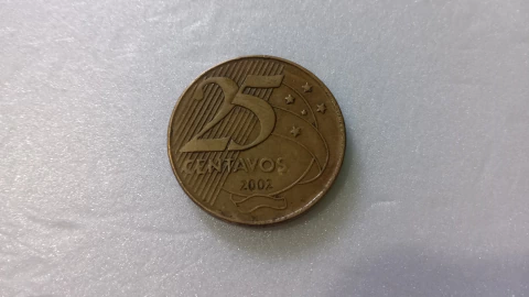 Moeda de 25 Centavos de 2002 Aço Banhado de Bronze Palavra DEODORO Duplo Catalogada HE 05