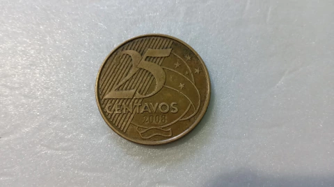Moeda de 25 Centavos de 2008 Aço Banhado de Bronze Reverso Horizontal à Direita ( Catalogada ) DI 06