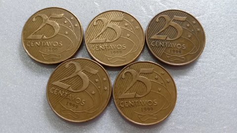 Moedas de 25 Centavos de 1999 Aço Inox Banhado de Bronze ( Lote 5 Moedas ) CIRCULADAS DD 10