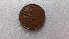 Moeda de 5 Centavos de 2002 Aço Banhado de Cobre Reverso Horizontal à Direita Catalogada JA 03