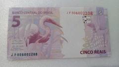 Cédula de 5 Reais Serie J F 006002208 Chancelas de Paulo Guedes e Roberto Campos Neto Flor de Estampa