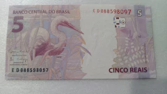 Cédula de 5 Reais de 2017 C.343 Serie E D 088598097 Chancelas de Henrique de Campos Meirelles e Ilan Goldfajn Flor de Estampa