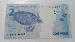 Cédula de 2 Reais De 2017 C.336 Serie E J 010764292 Chancela de Henrique de Campos Meirelles e Ilan Goldfajn Flor de Estampa