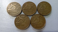 Moedas de 25 Centavos de 2000 Aço Inox Banhado de Bronze (Lote de 5 Moedas ) Circuladas ML 13