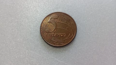 Moeda de 5 Centavos de 2015 Aço Banhado de Cobre Reverso Horizontal à Direita Catalogada VR 12