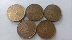 Moedas de 25 Centavos de 2014 Aço Banhado de Bronze Lote 5 moedas ( Circuladas ) LL 01
