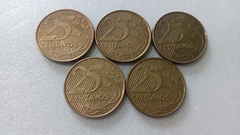 Moedas de 25 Centavos de 2014 Aço Banhado de Bronze Lote 5 moedas ( Circuladas ) LL 02