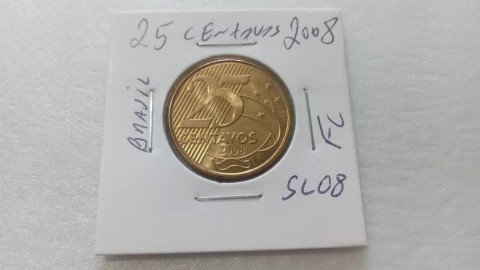 Moeda de 25 Centavos de 2008 Aço Banhado de Bronze Flor de Cunho SL 08
