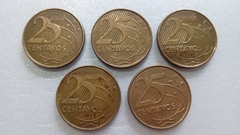 Moedas de 25 Centavos de 2014 Aço Banhado de Bronze Lote 5 moedas ( Circuladas ) LL 07