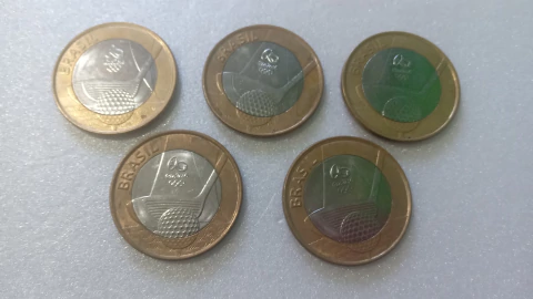 Moedas de 1 Real de 2014 GOLFE Anel Aço Inox Banhado de Bronze Núcleo aço Inox (Lote 5 Moedas ) Circuladas OL 02