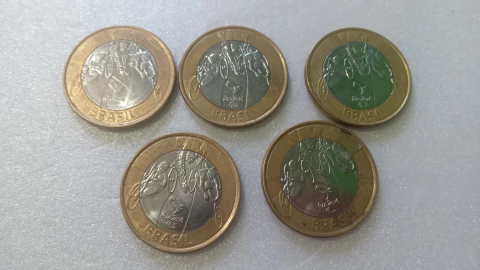 Moedas de 1 Real de 2014 PARATRIATLO Anel Aço Inox Banhado de Bronze Núcleo aço Inox (Lote 5 Moedas ) Circuladas OL 08