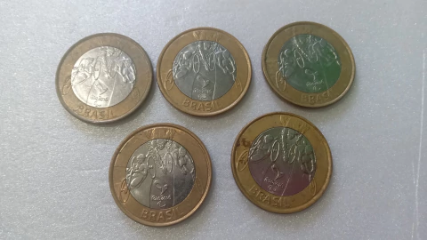 Moedas de 1 Real de 2014 PARATRIATLO Anel Aço Inox Banhado de Bronze Núcleo aço Inox (Lote 5 Moedas ) Circuladas OL 09